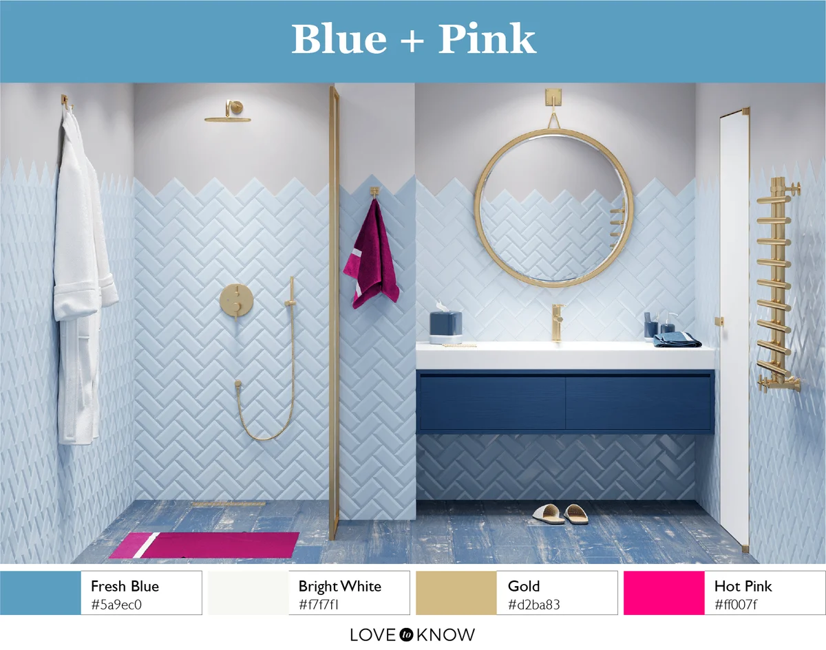 A modern bathroom in blue tones with gold fittings
