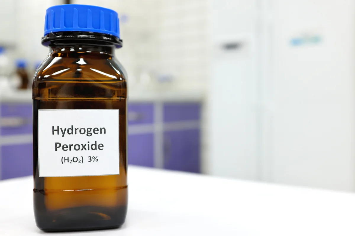 Hydrogen peroxide solution in brown amber bottle