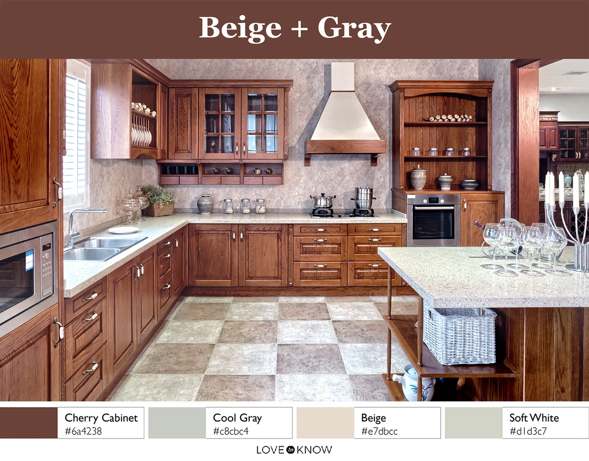 Beige and gray kitchen interior with cherry cabinets