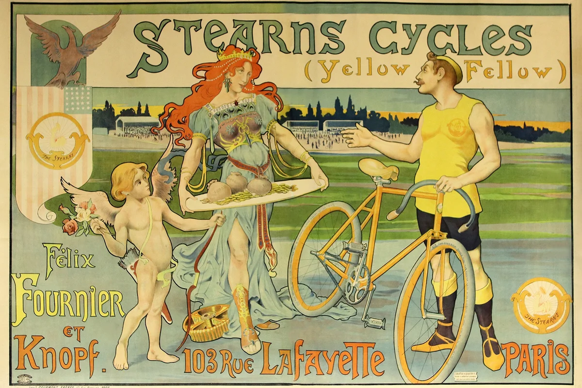 Stearns Cycles Yellow Fellow Felix Fournier et Knopf. Artist: Henri Thiriet. Dated: c.1900. (Photo by Pierce Archive LLC/Buyenlarge via Getty Images) - Getty Editorial Use