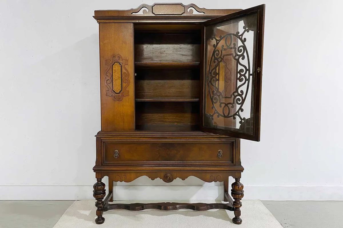 Vintage China Cabinet with Fretwork, Burl Wood & Art Deco Details