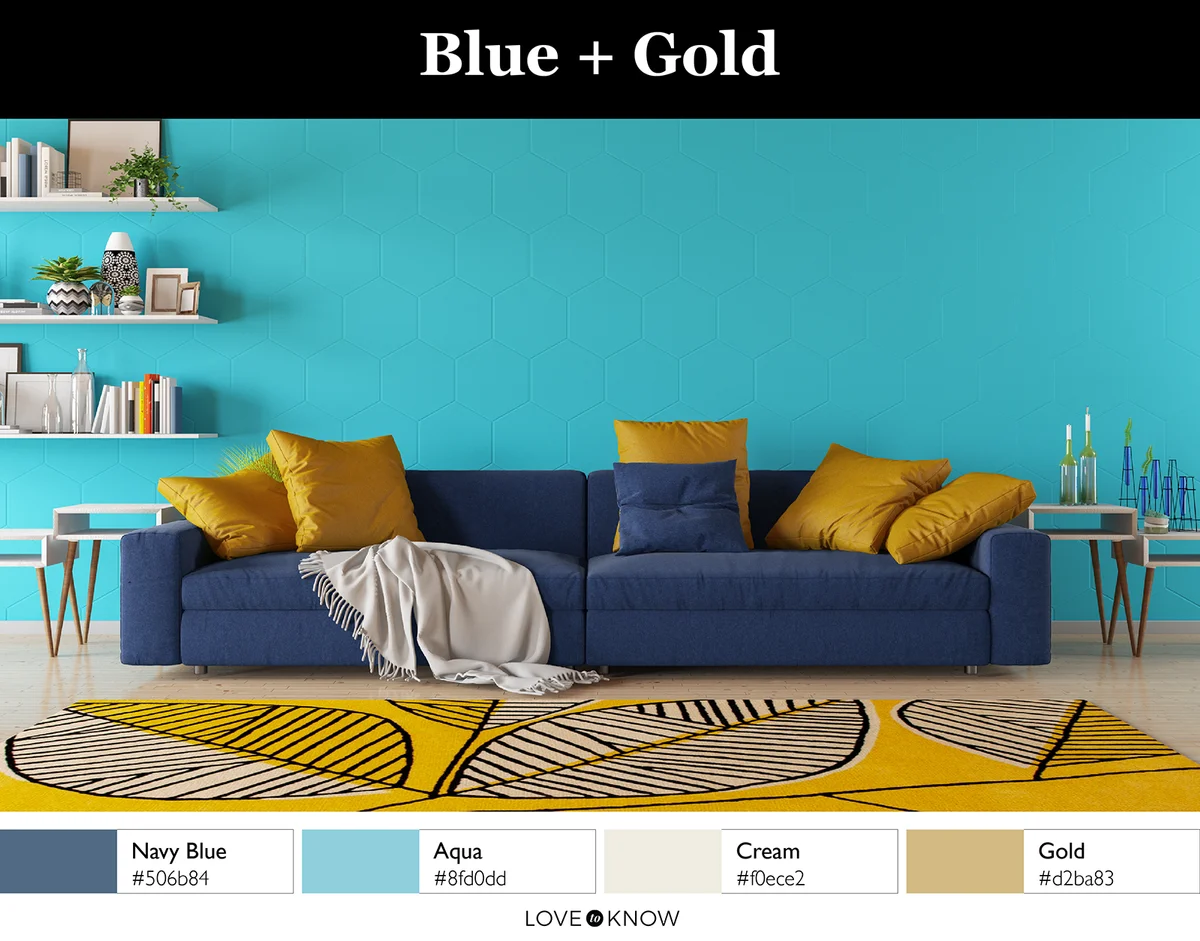 Modern Blue and Gold Living Room with Sofa and Book Shelf