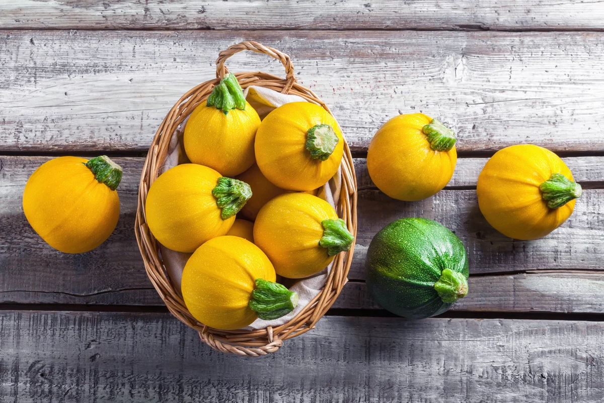Yellow zucchini overhead group in knitted basket and wooden table