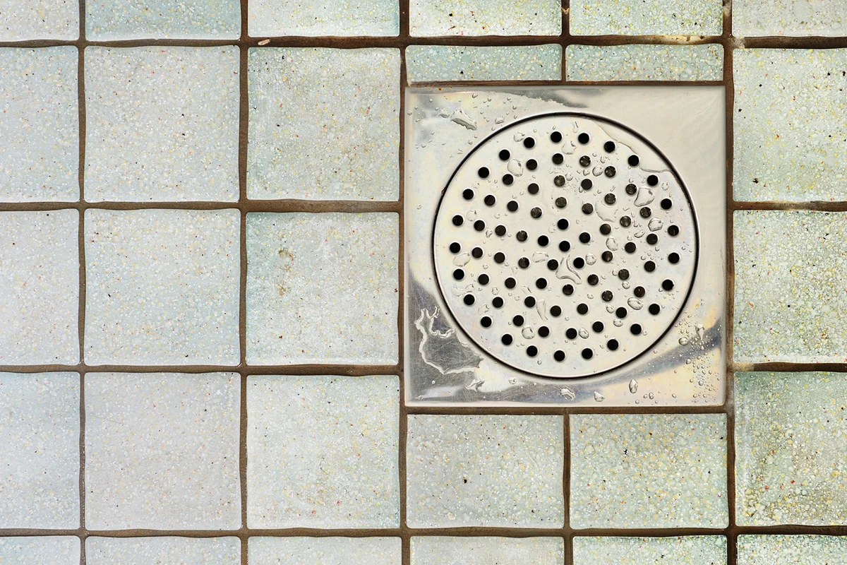 Ttiled wet floor of a bathroom / shower. Metal drain.