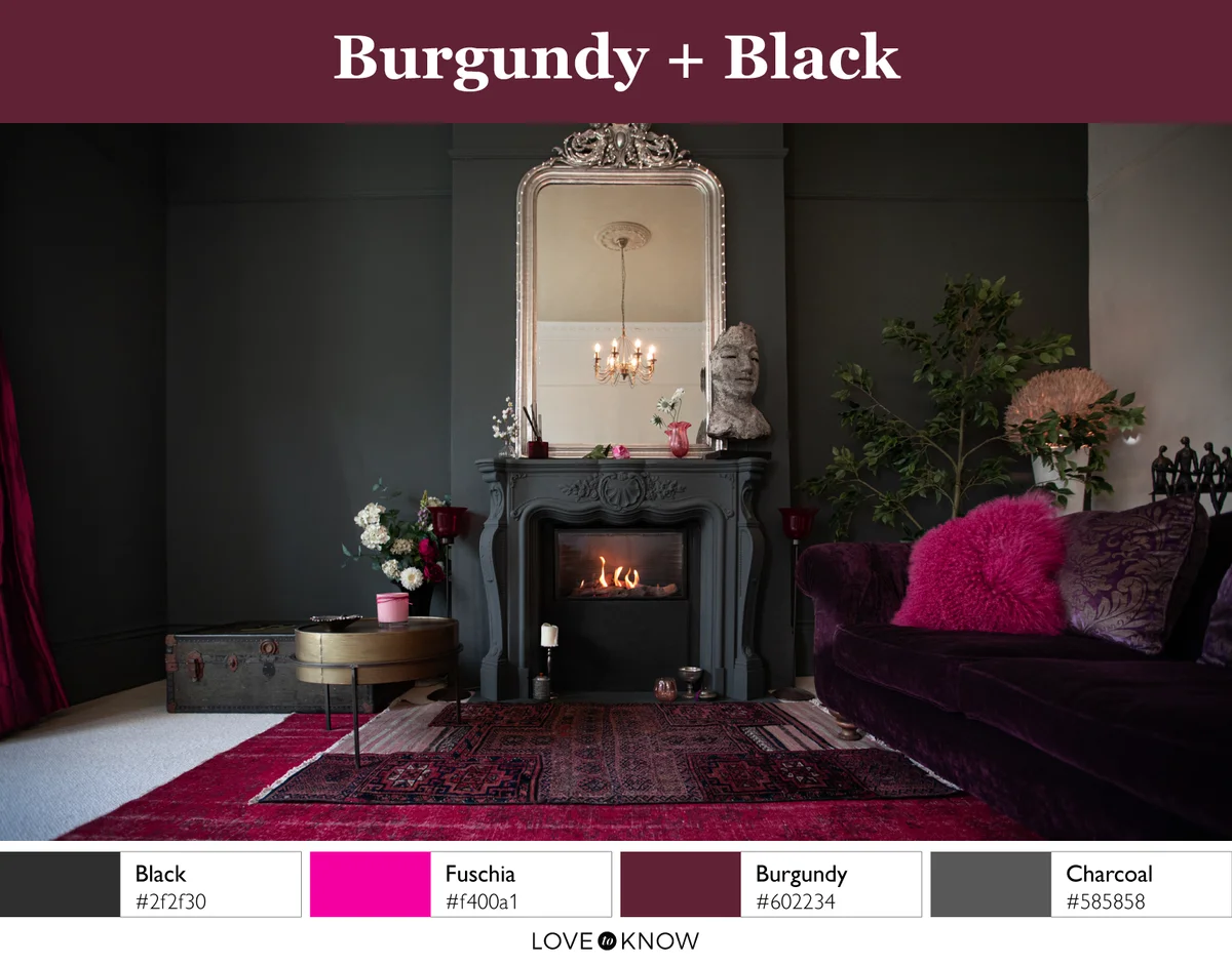 burgundy and black color palette with living room interior example