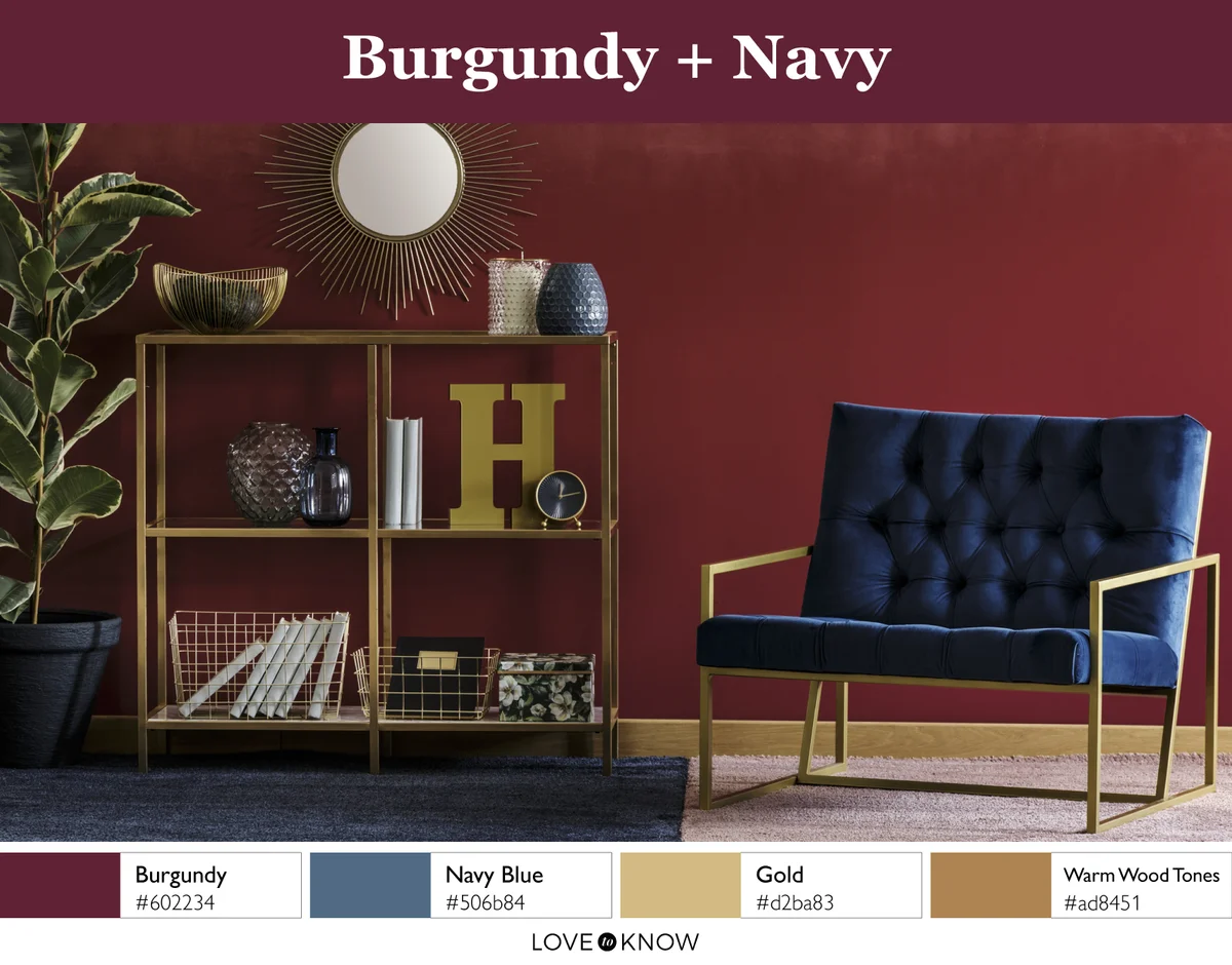 living room with burgundy and navy color palette