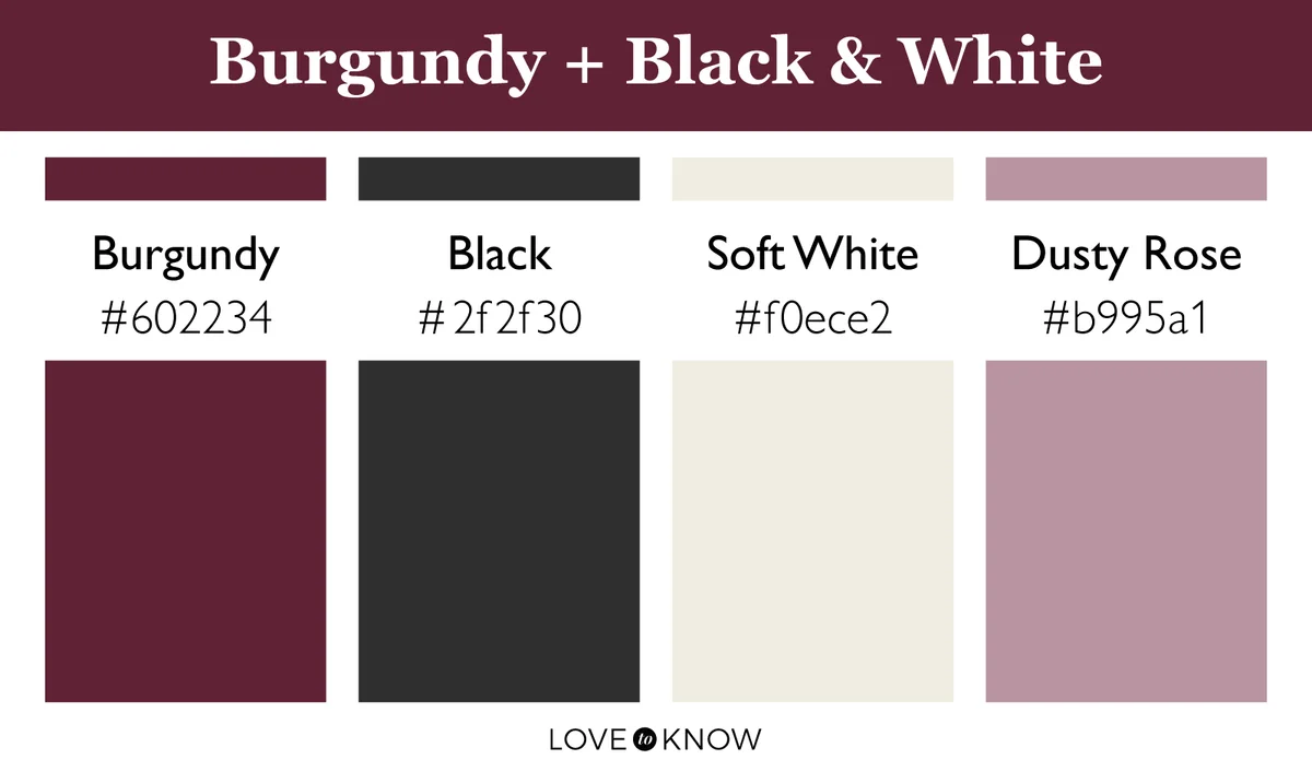 burgundy with black and white color palette paint chips