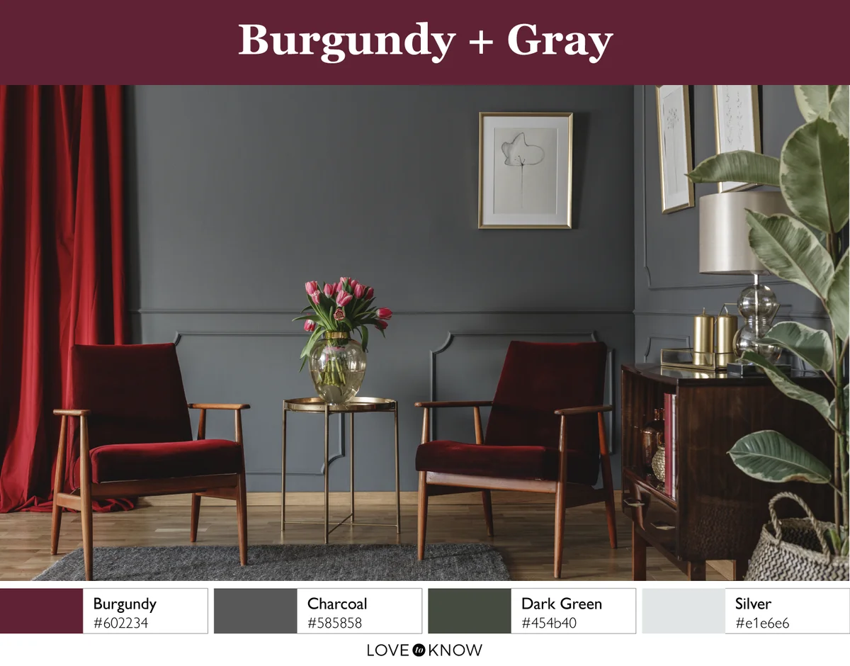 living room with burgundy and gray color palette