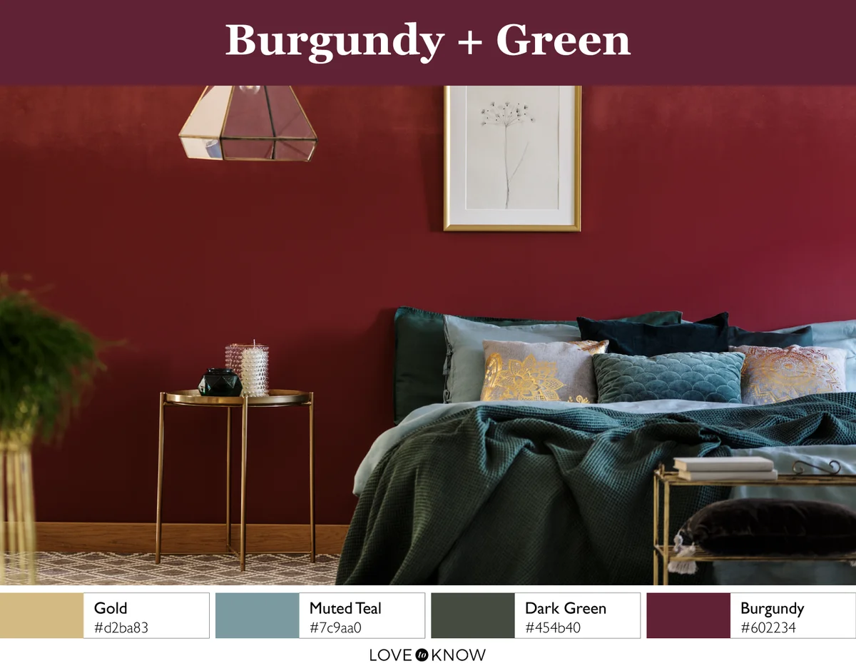 bedroom with burgundy and green color palette