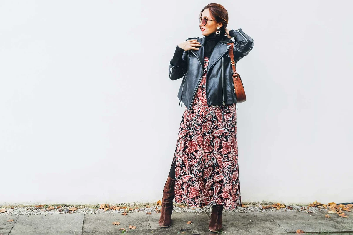 woman in long casual print dress for memorial service