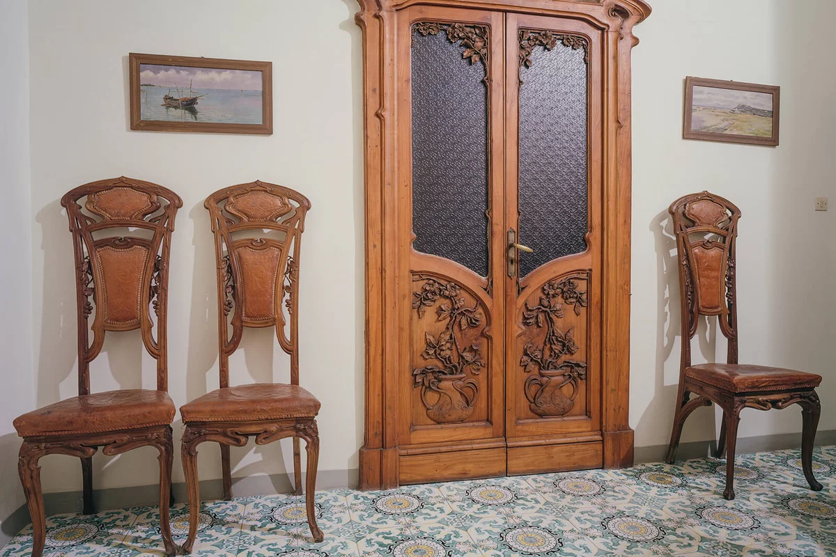 Wooden door and chairs, Ruggeri House, 1902-1907, Art Nouveau style | Getty Editorial Use