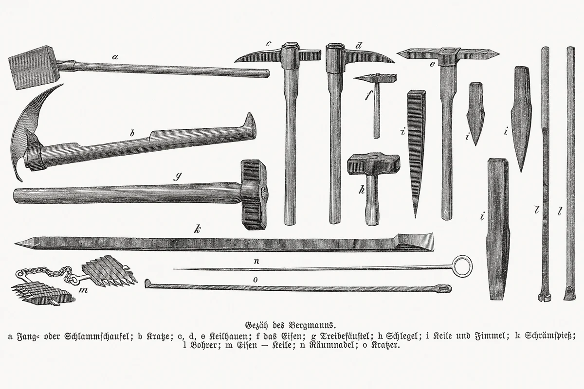 Miner's toolkit in the past, wood engravings, published in 1893