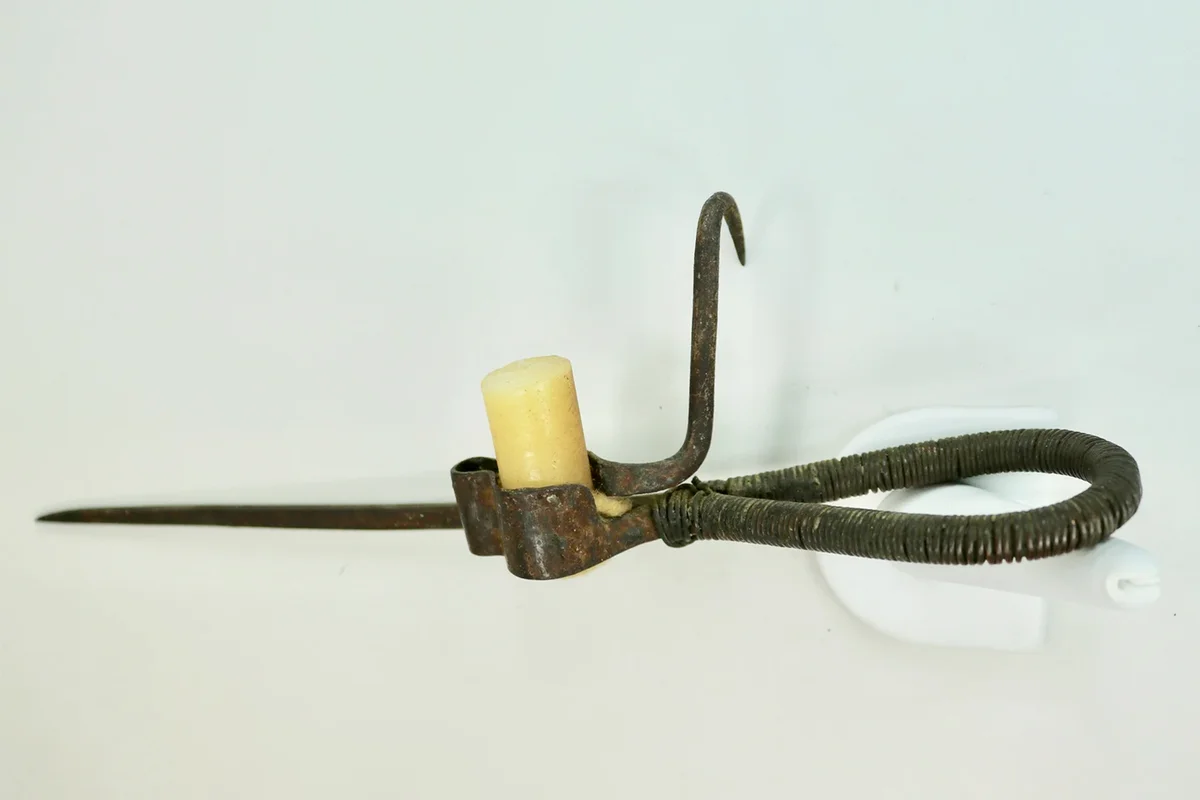 Antique Hand Made Forged Iron Miners Lamp Light Tommy Stick Copper Wrap Hand Grip with Antique Candle c1800s
