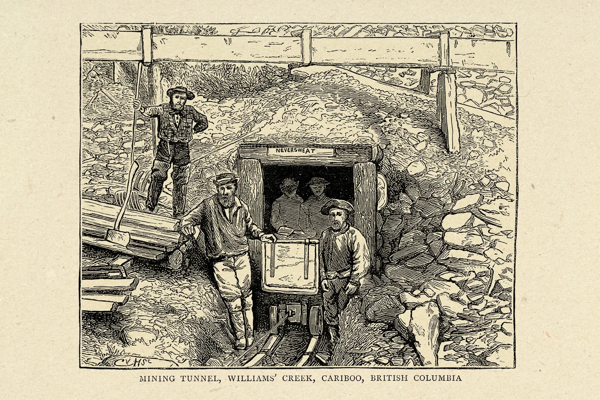 Miners and mining tunnel, Williams' creek, Cariboo, British Columbia, Victorian, 19th Century