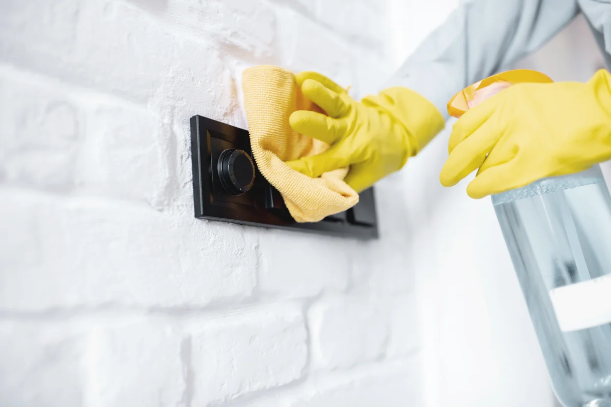 Woman in protective gloves disinfecting wall switches while cleaning at home