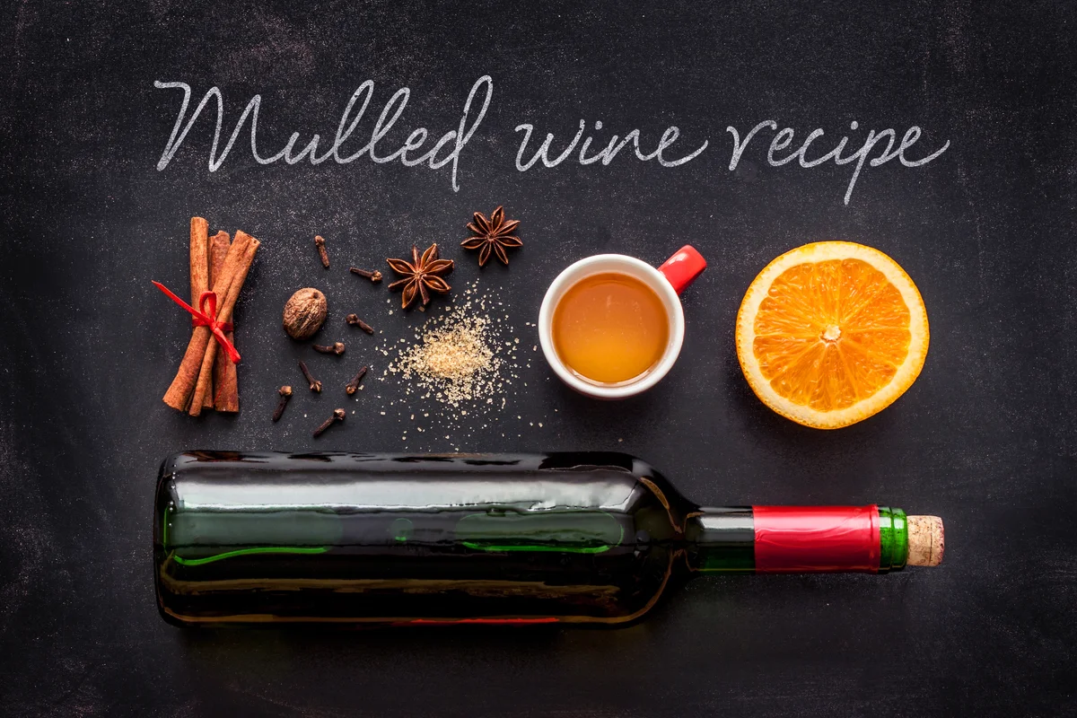 Mulled wine recipe ingredients on chalkboard