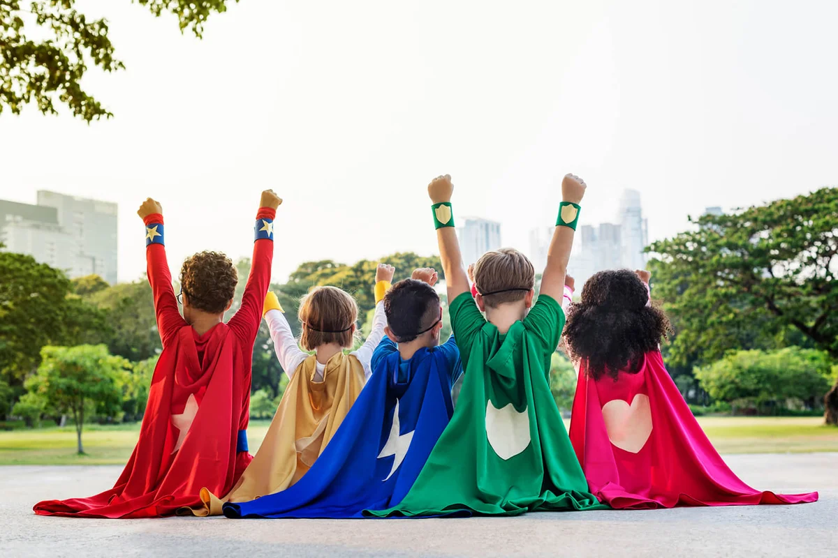 Superheroes Cheerful Kids Expressing Positivity
