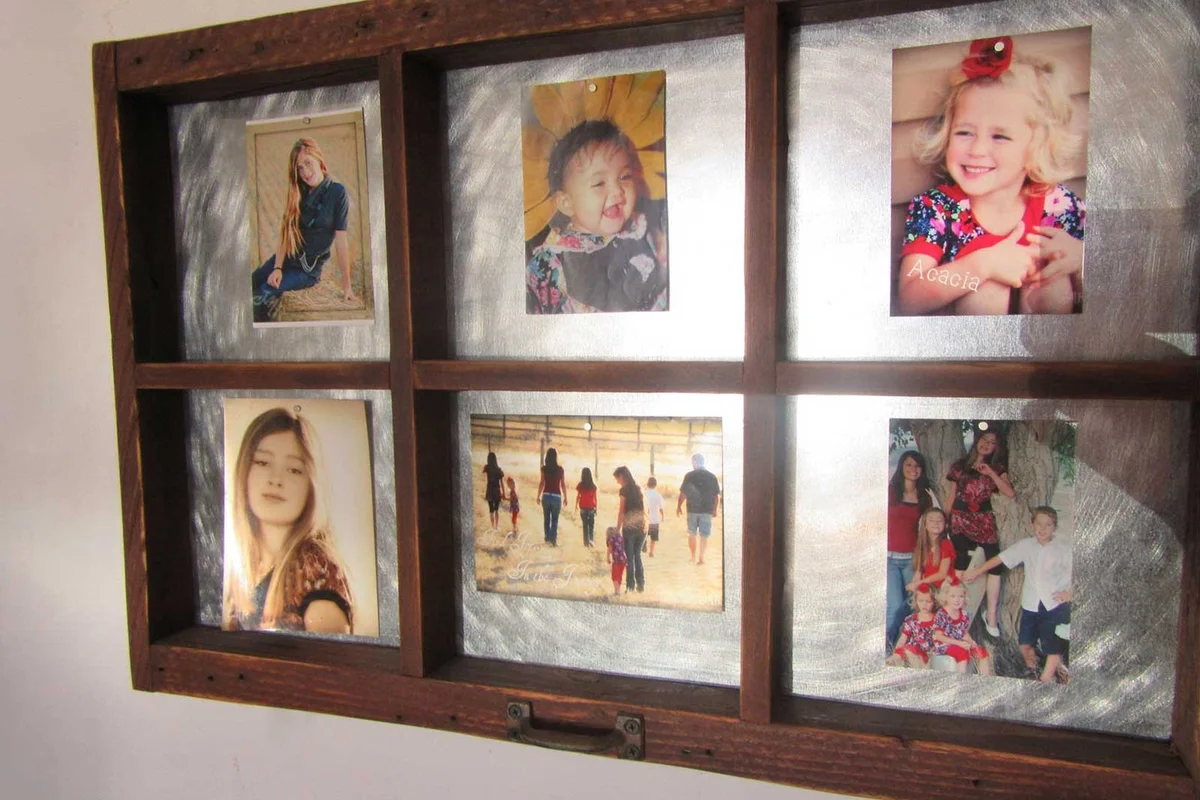 photos in old window frame