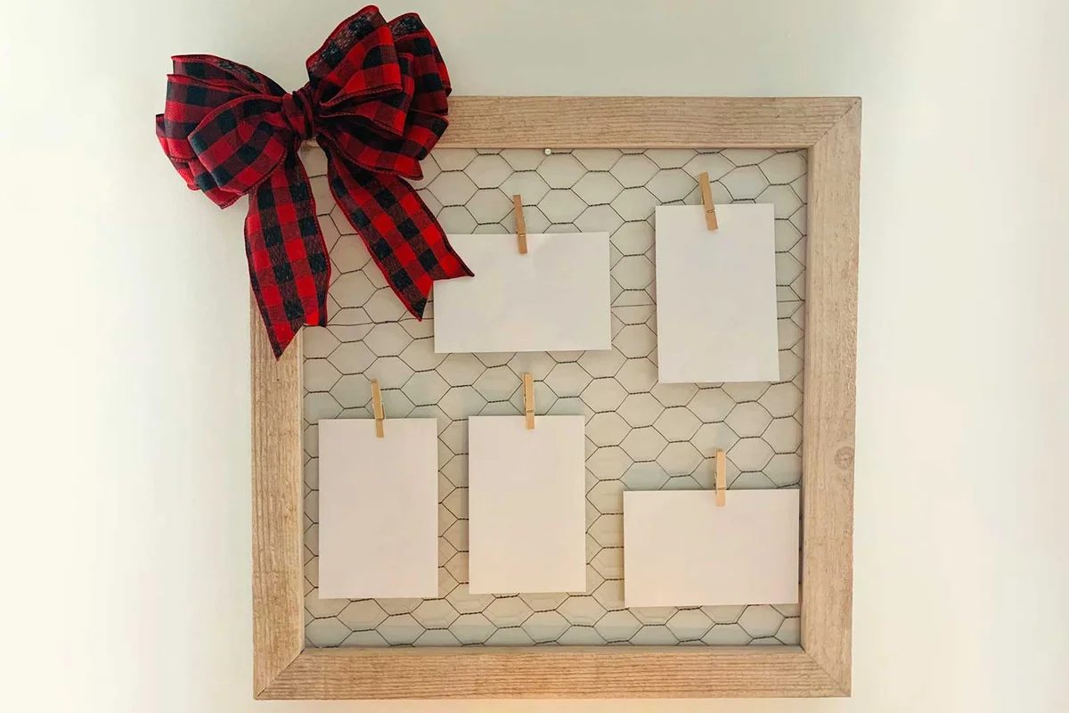 window frame message board with chicken wire
