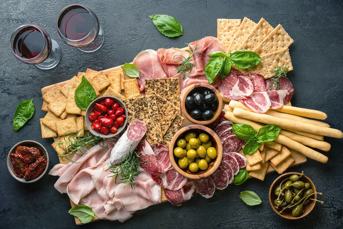 Charcuterie, snacks and red wine