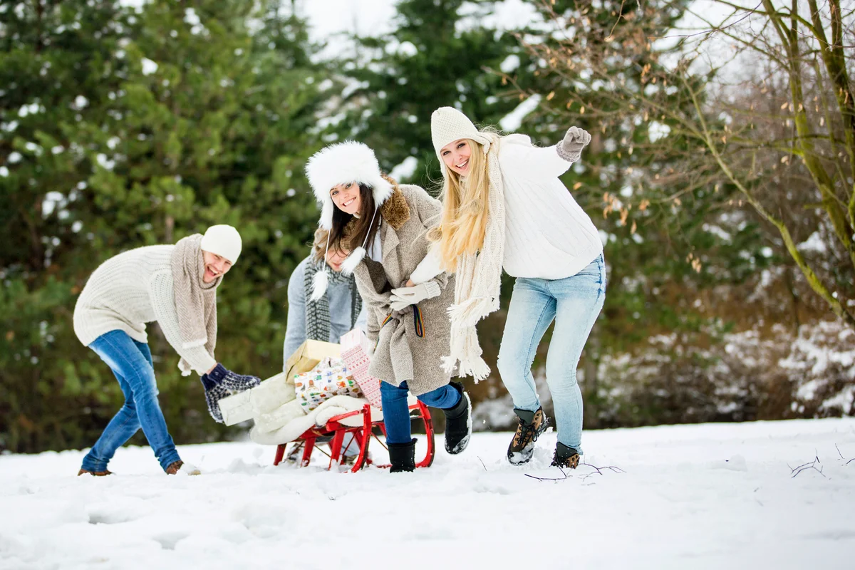 Group of young people with Christmas presents in a sled