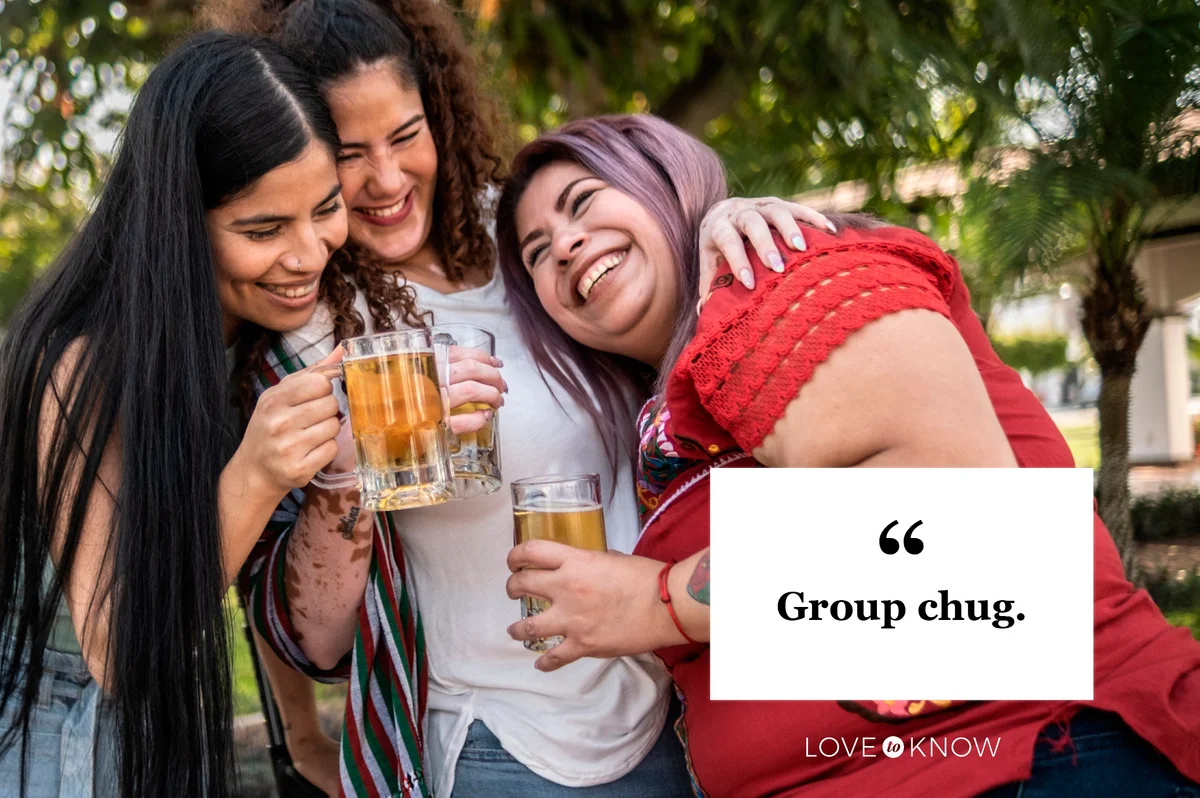 drinking quote Group Chug with friends hugging holding beers