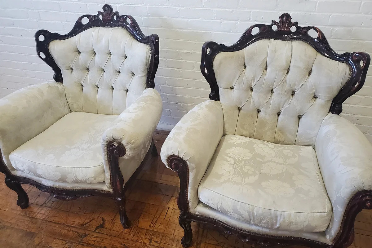 Victorian White Wingback Pair of Chairs - Antique Tufted Carved Wood Armchairs - Vintage Baroque White Floral Chairs