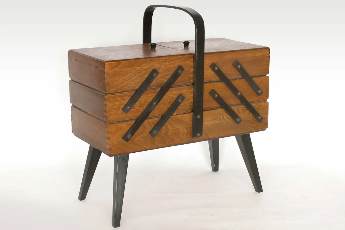 Vintage Accordian Fold Out Sewing Box On Angled Legs