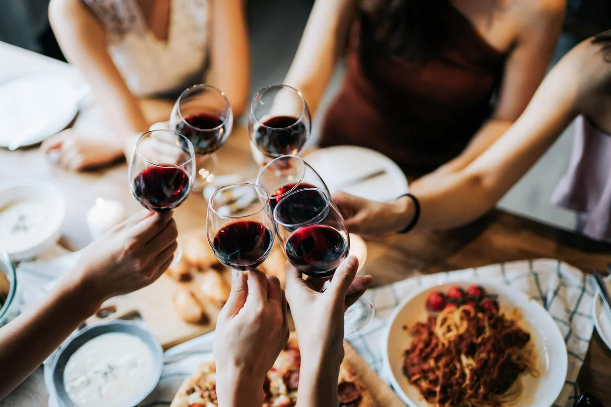 happy young friends having fun and toasting and celebrating with red wine during party