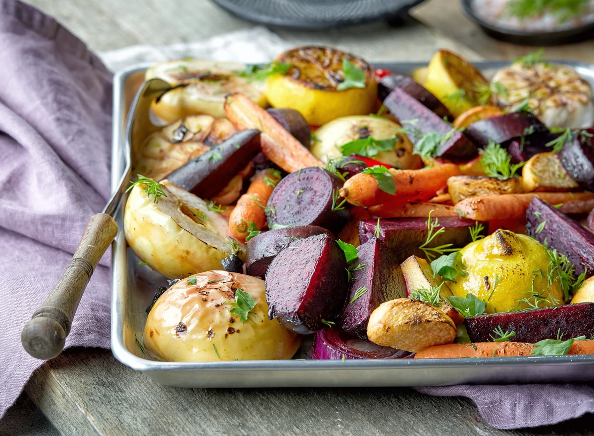 Roasted vegetables on table