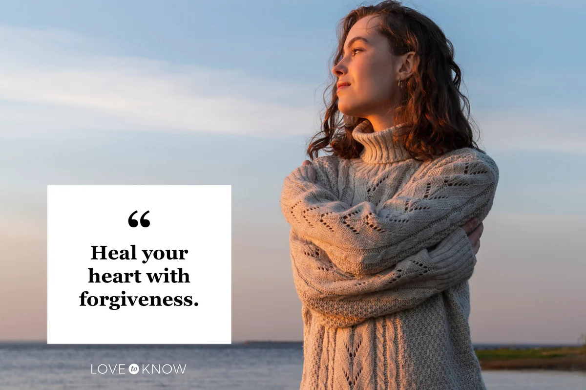 Forgiveness quote woman arms wrapped around herself by lake shore