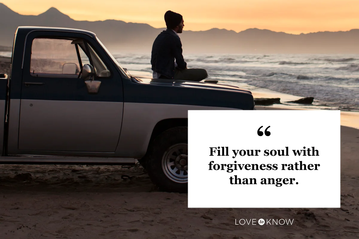 forgiveness quote man sitting on hood of car at beach at sunrise