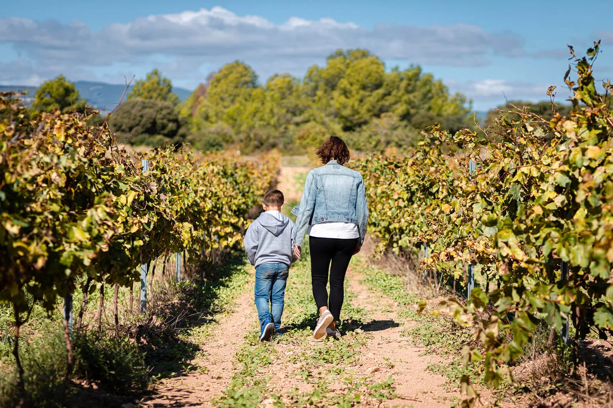 Mother and son taking a walk through a vineyards
