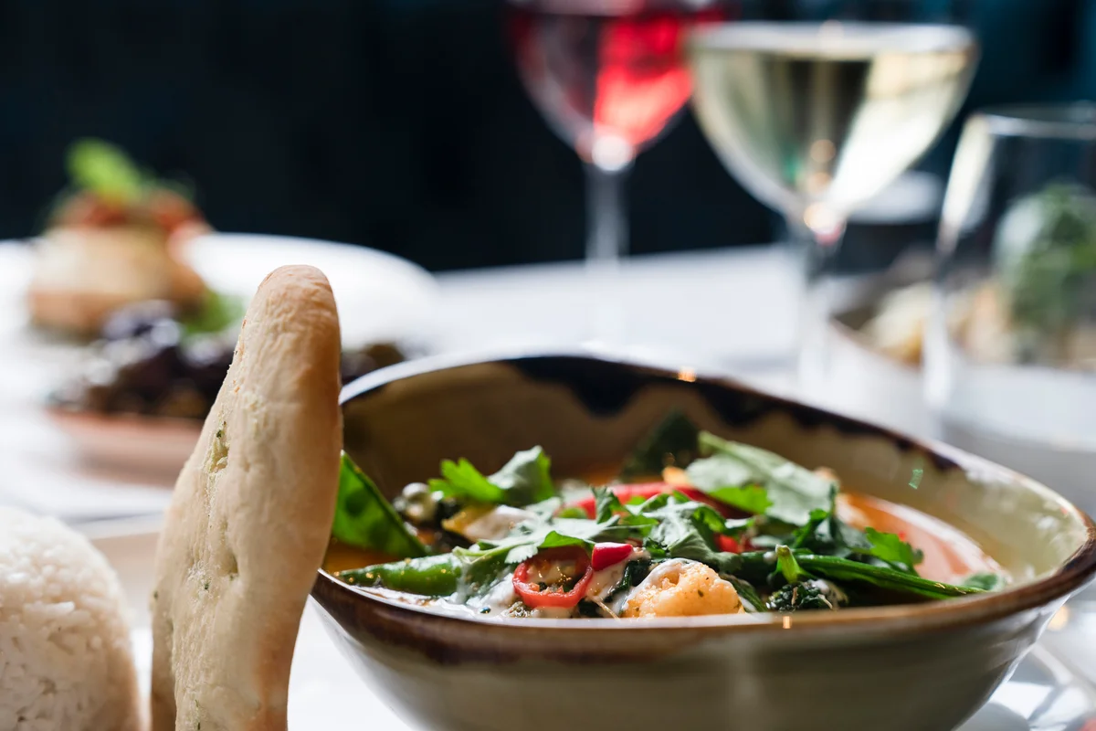 Asian food and wine in a restaurant