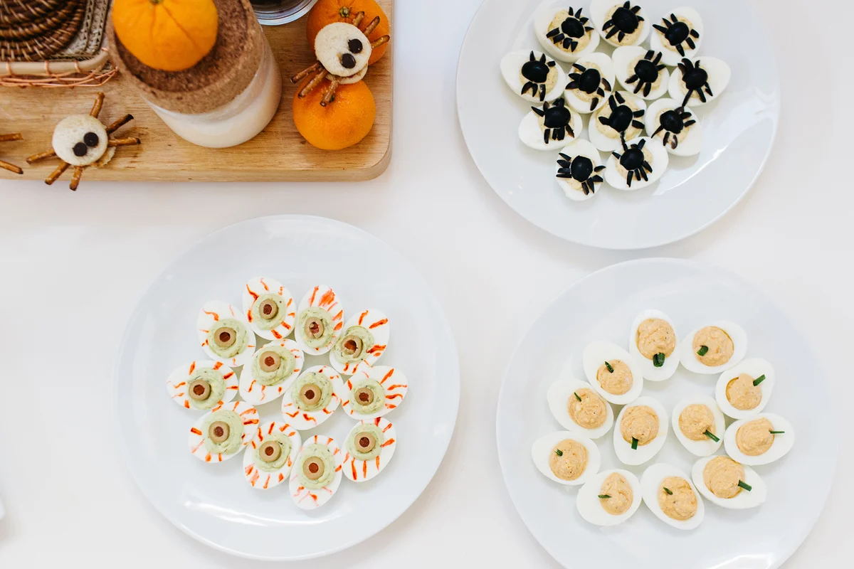 "Pumpkin", "Spider", "Eyeball" Deviled eggs.