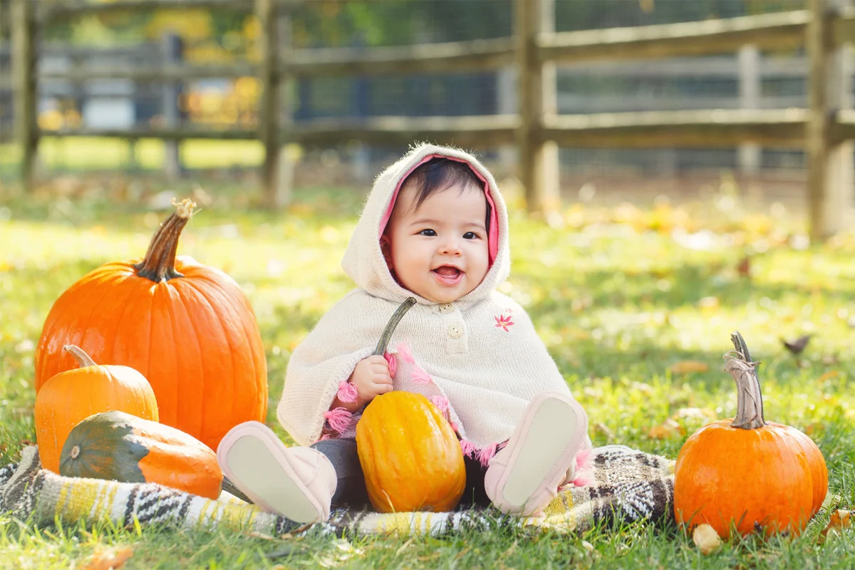baby sitting beside pumpkins during autumn in Toronto Canada