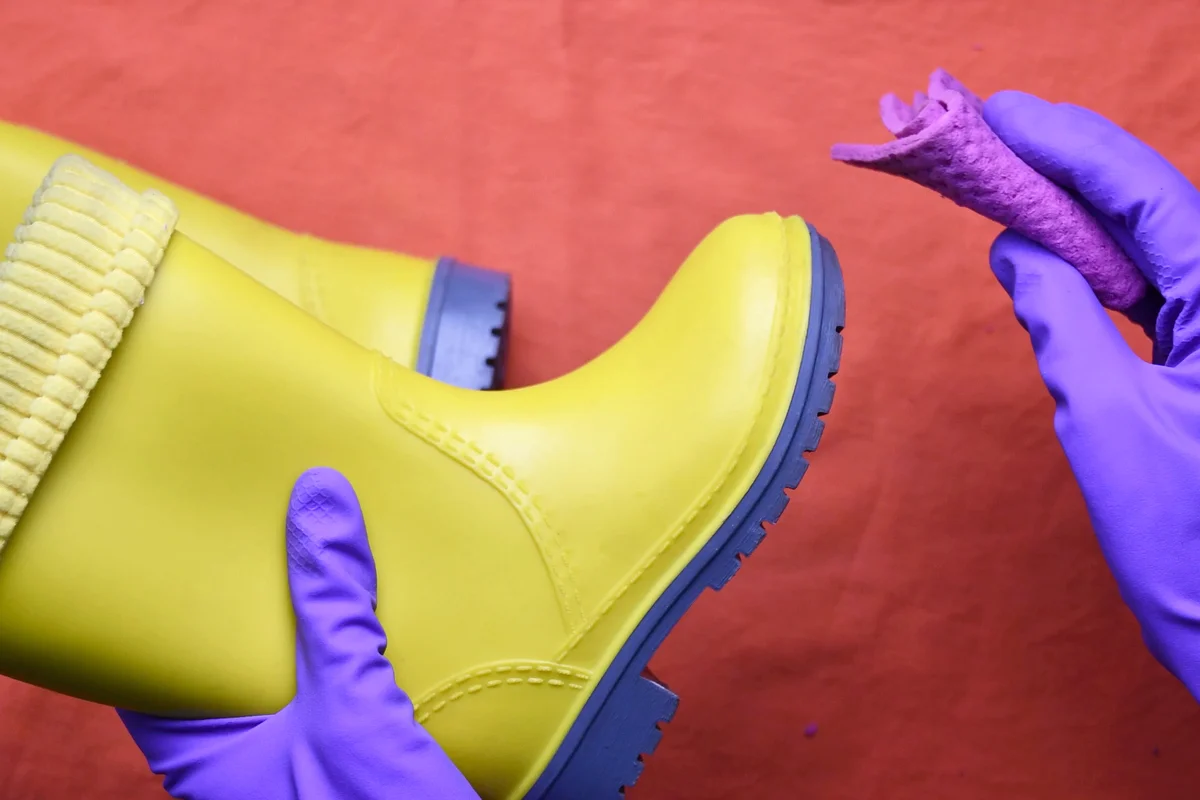 Man in purple rubber gloves cleaning kids yellow rubber boots