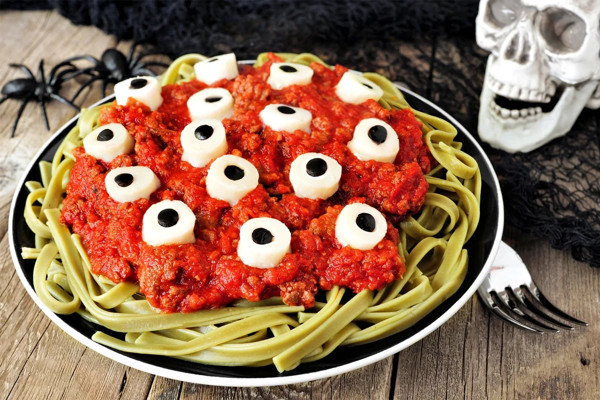 Halloween Birthday party food Pasta with eyeballs