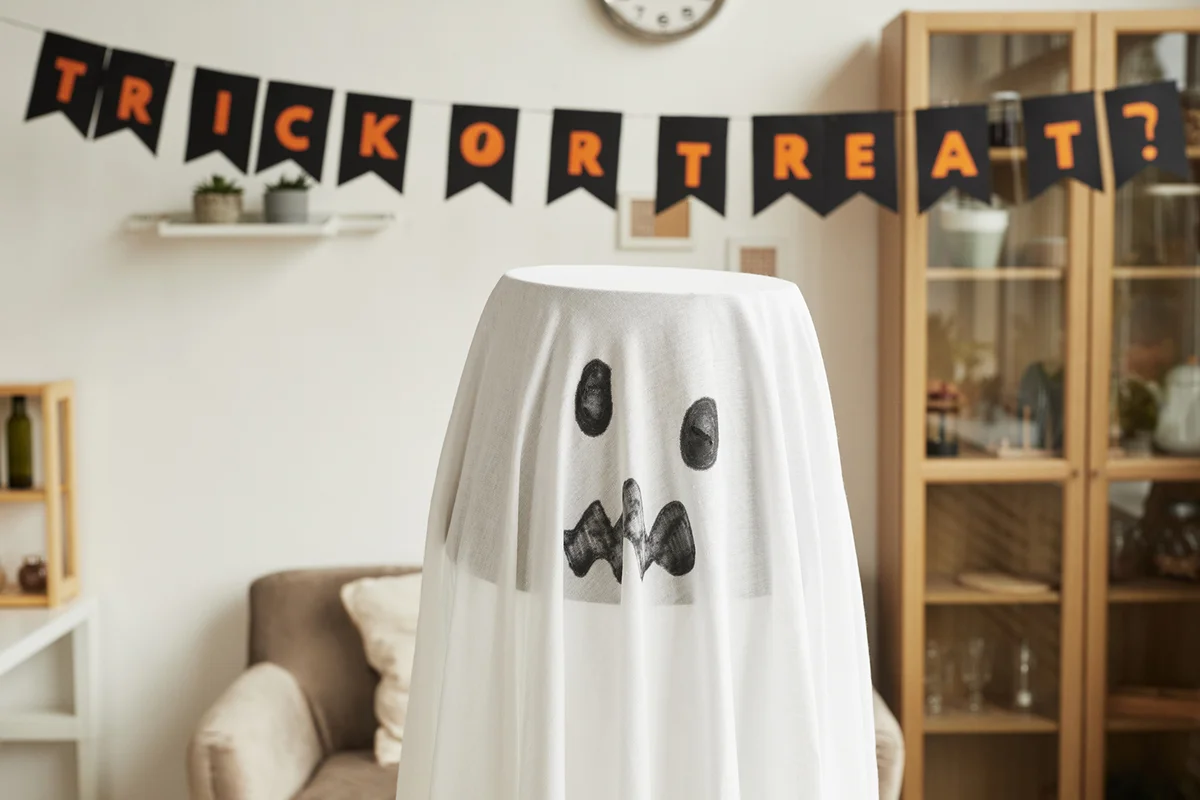 Horizontal close-up shot of lamp decorated with white fabric with ghost face painted on it for Halloween