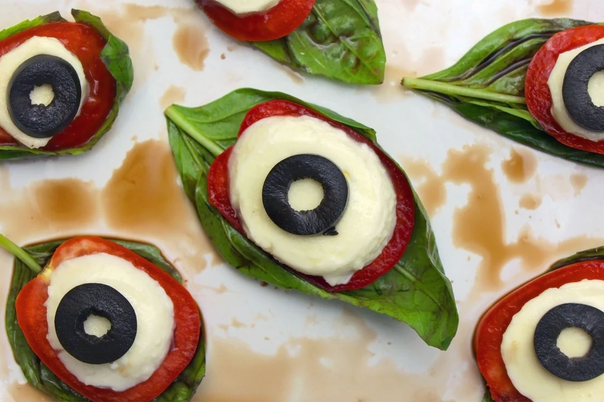 Birthday Halloween food creepy eyeball Caprese salad