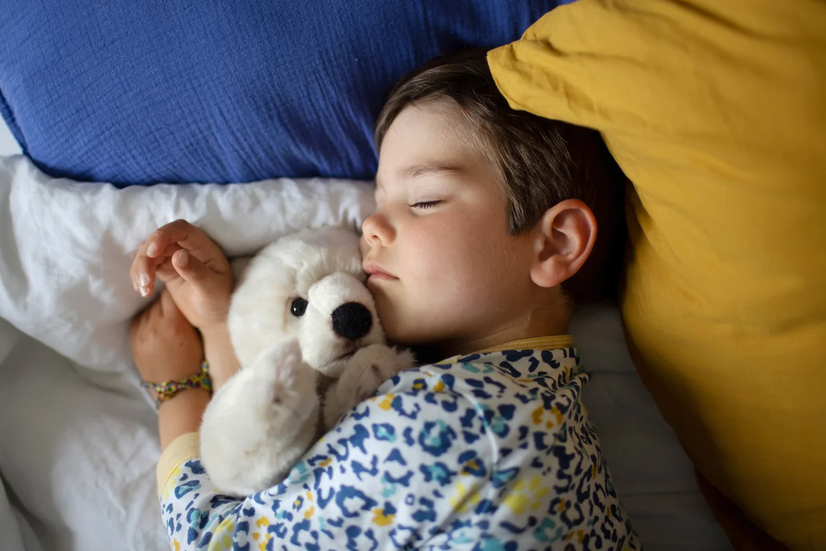 Little boy sleeping with his cuddly teddy bear in his bed