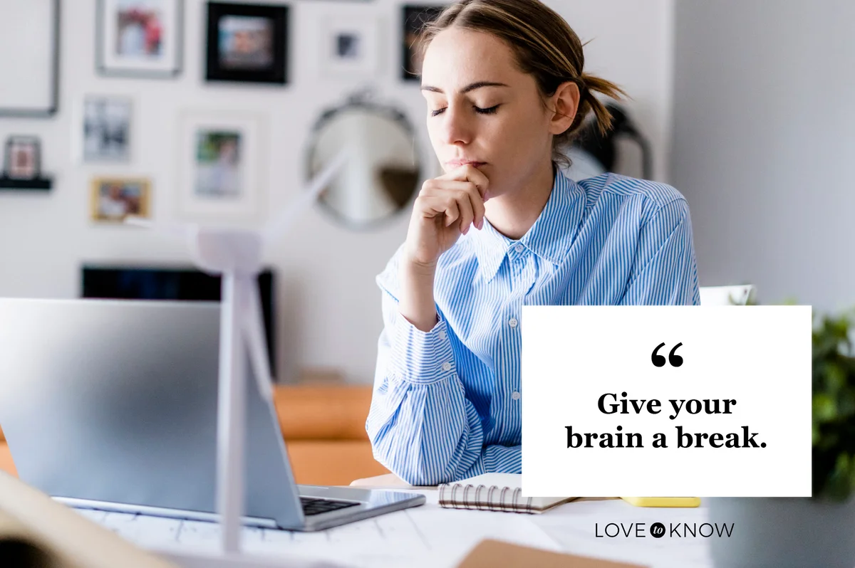 Overthinking quote woman closing eyes taking mental break at home office desk