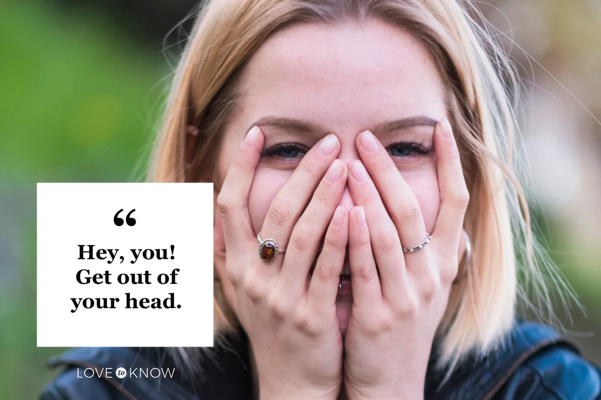 woman smiling and covering face with hands not overthinking life