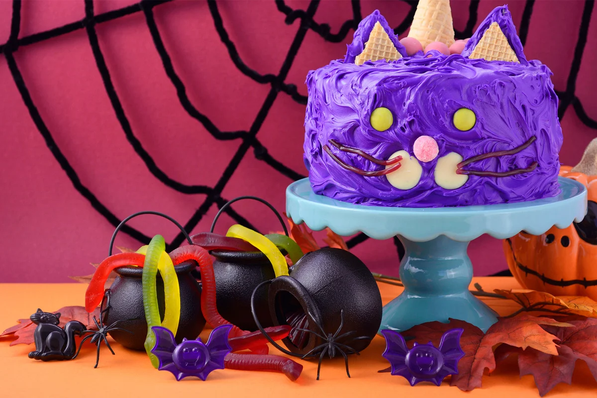 Halloween Office Party baking contest purple cat cake