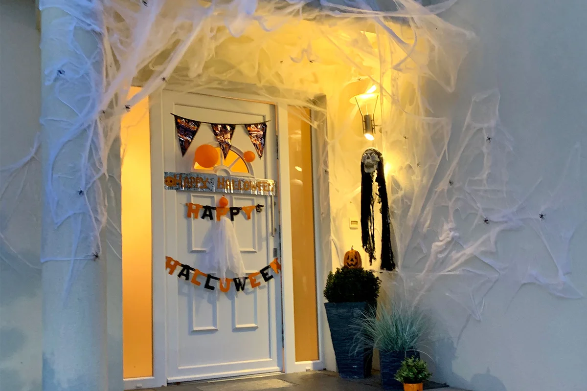 cobweb Halloween decoration at front door