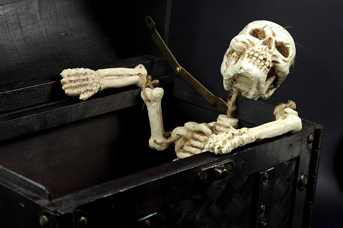 skeleton in coffin for a Halloween party decoration
