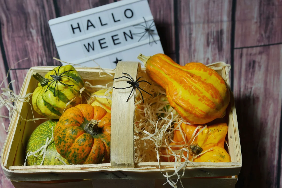 creepy harvest Halloween table decoration with gourds in basket
