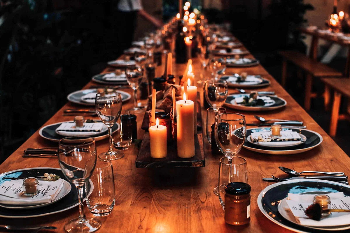 Evening well spent,High angle view of lit candles on dining table