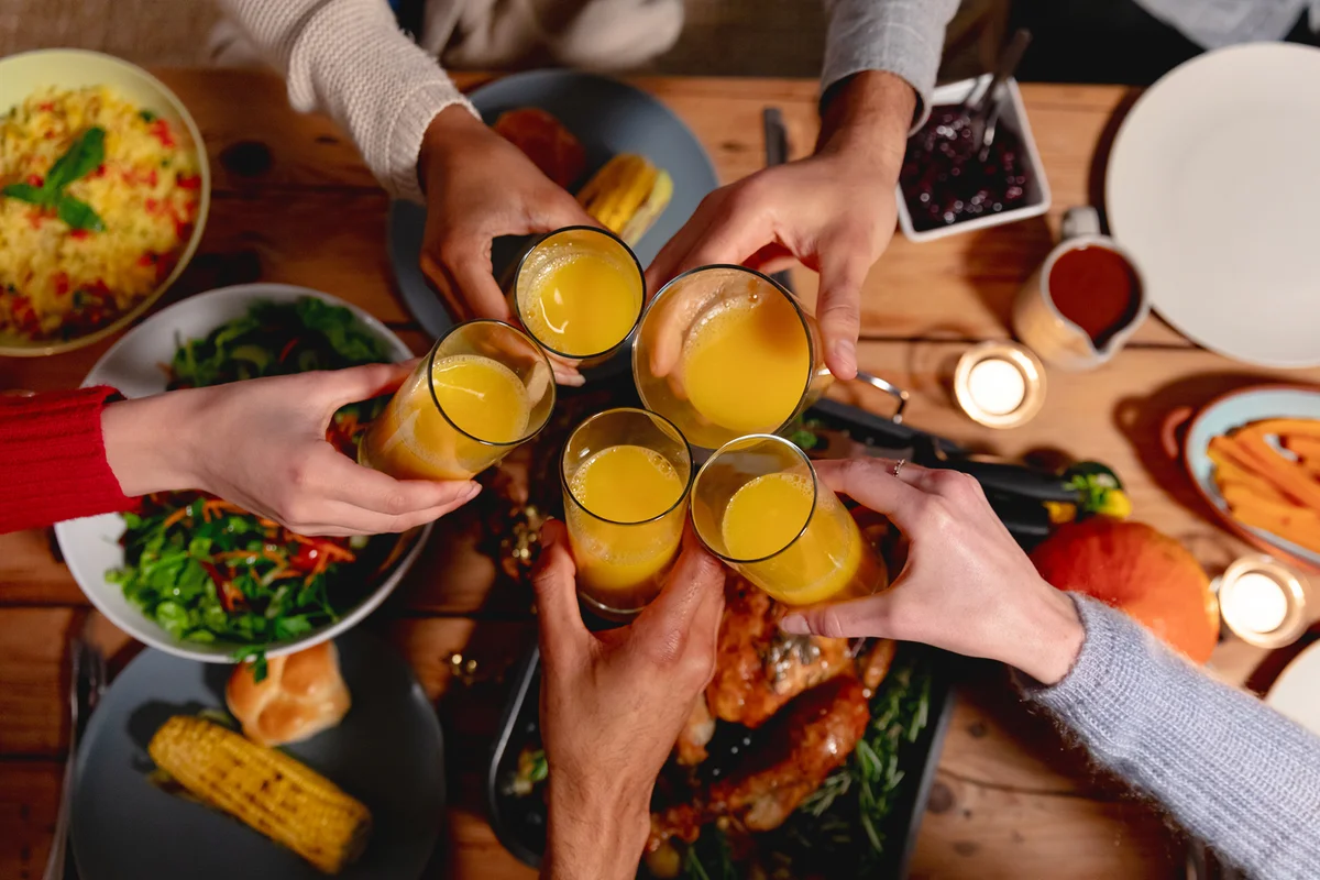 Millennial adult friends celebrating Thanksgiving together at home