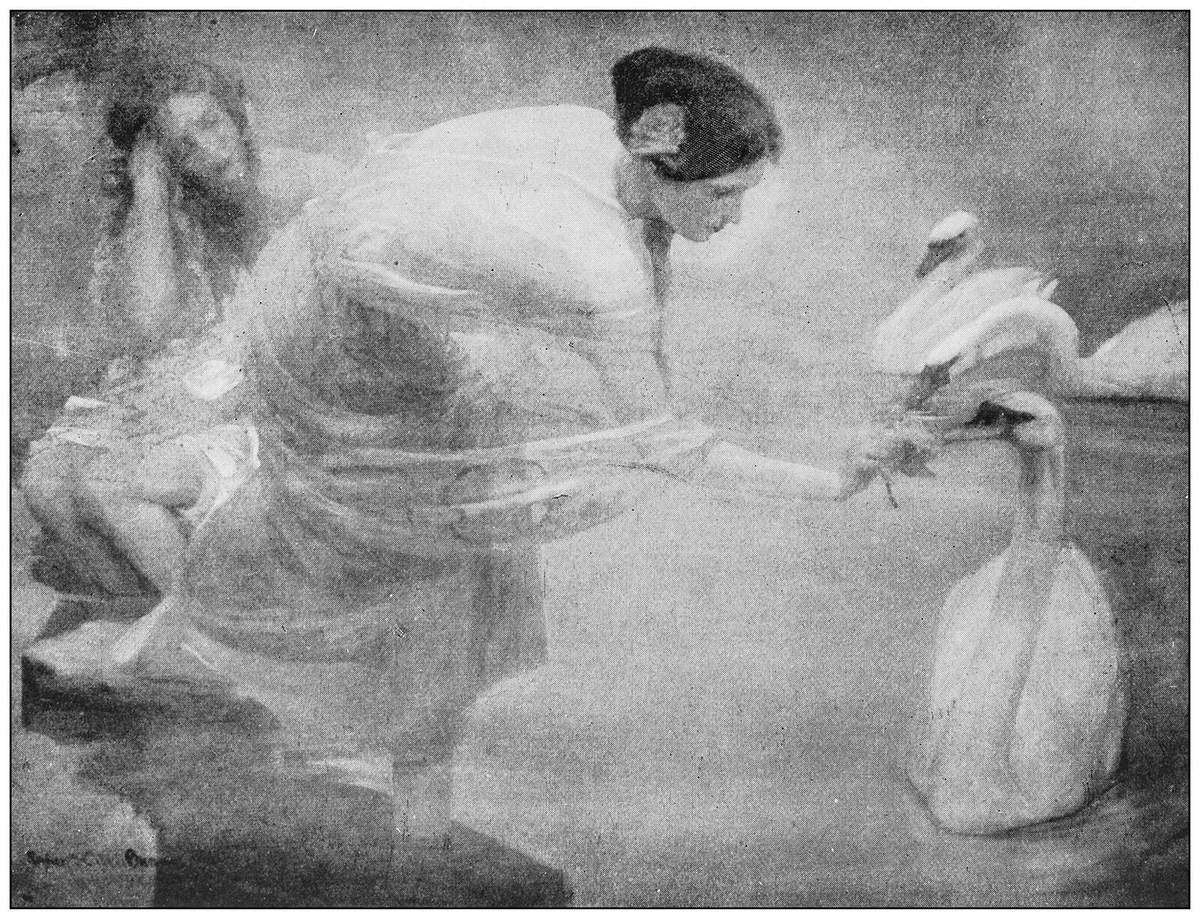 Antique photo of paintings: Woman with swan